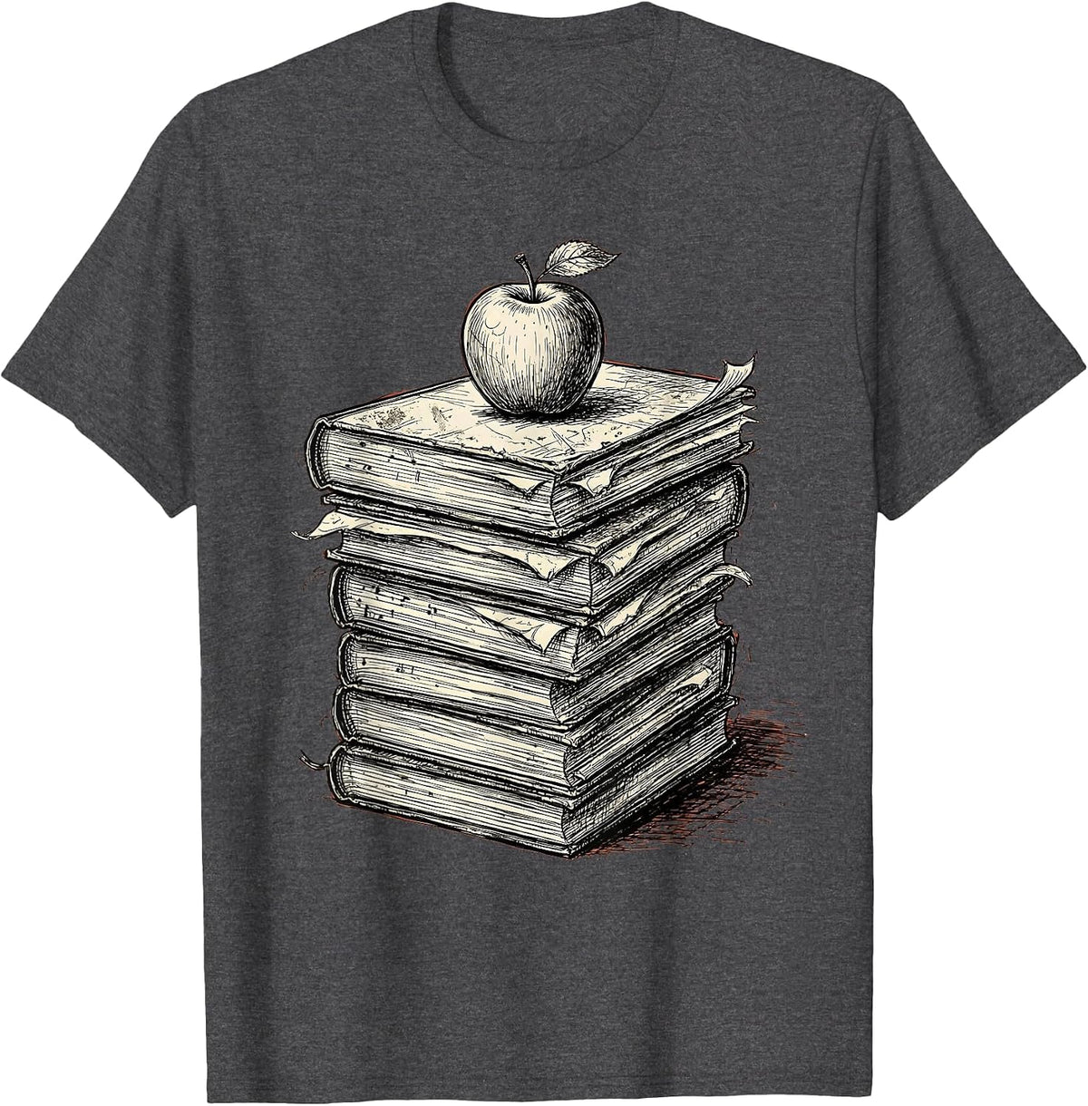Music Teacher Worn Books and Apple Graphic T-Shirt - Dark Heather Grey