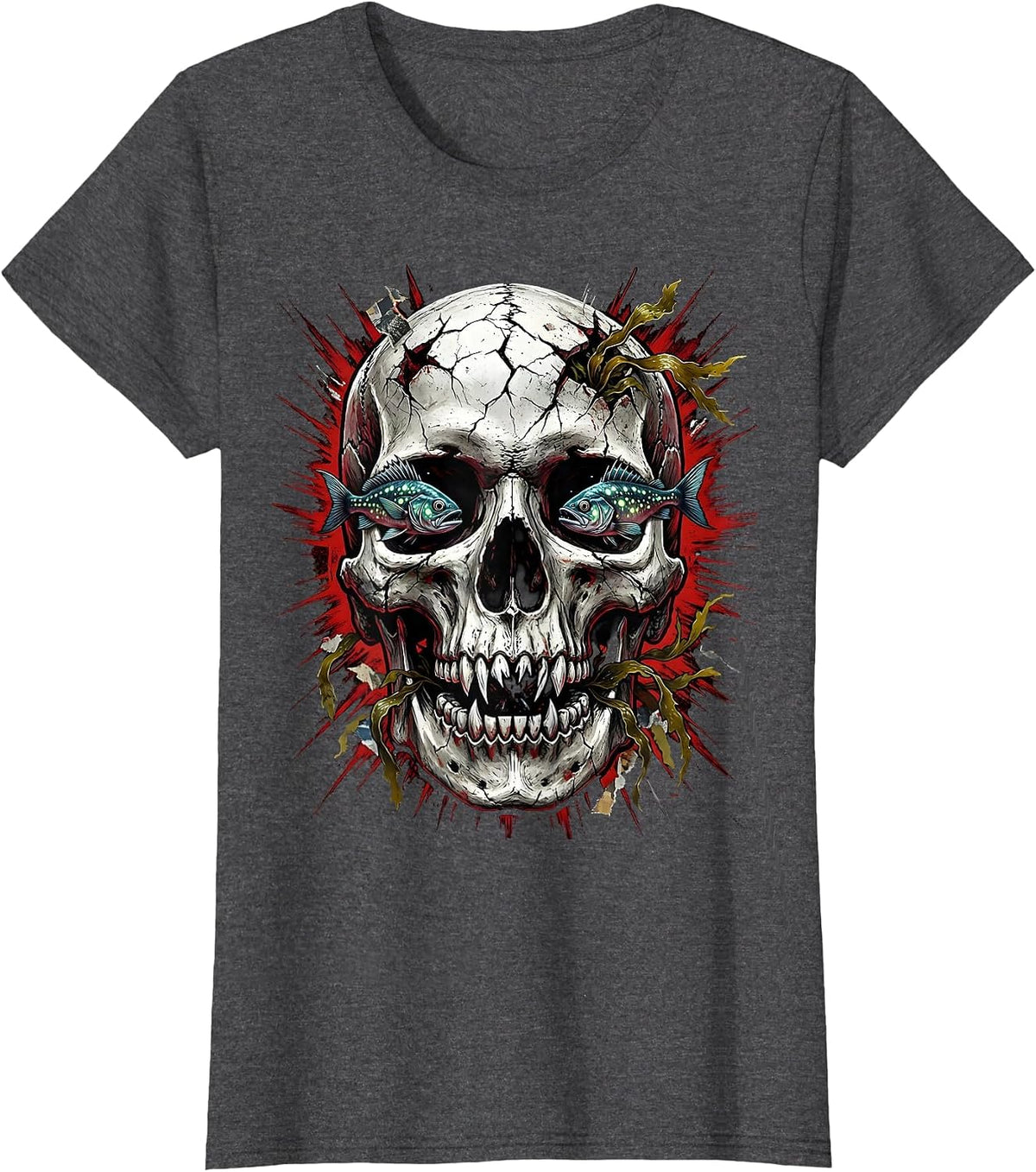 Women's Deep Ocean Skull Halloween Graphic Tee T-Shirt - Dark Heather Grey