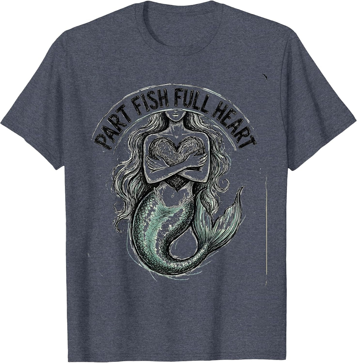 Part Fish Full Heart Mermaid Design T-Shirt - Heather Blue