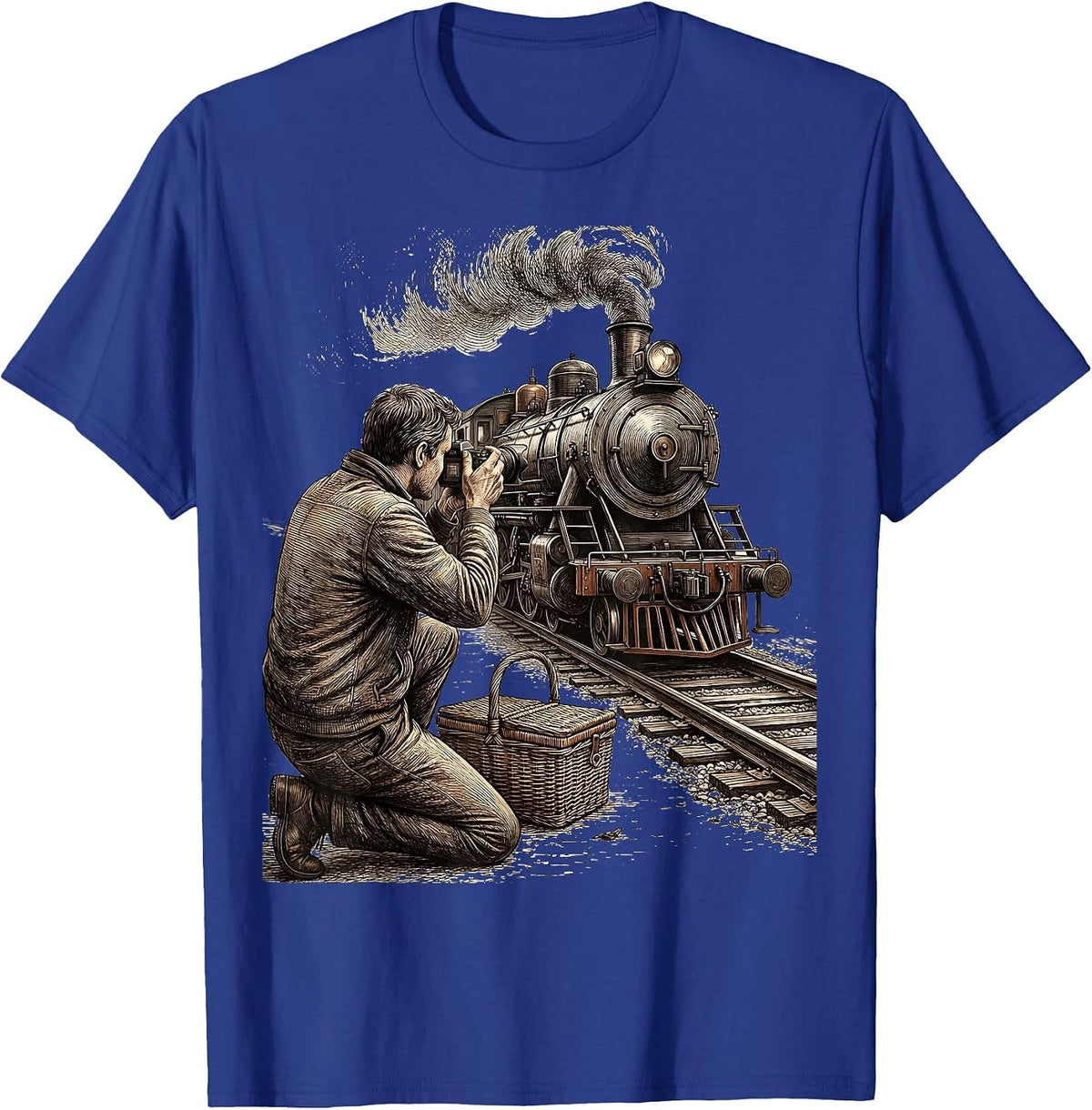 Trainspotter Kneeling Steam Locomotive Crosshatch Etching T-Shirt - Royal Blue