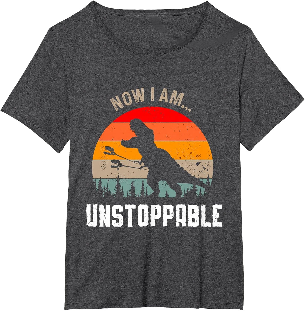 Now I Am Unstoppable Funny T-Rex Dinosaur Grabbing Stick T-Shirt - Dark Heather Grey