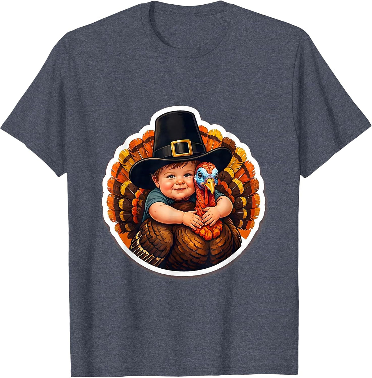Toddler Pilgrim Hugging Turkey Thanksgiving T-Shirt - Heather Blue