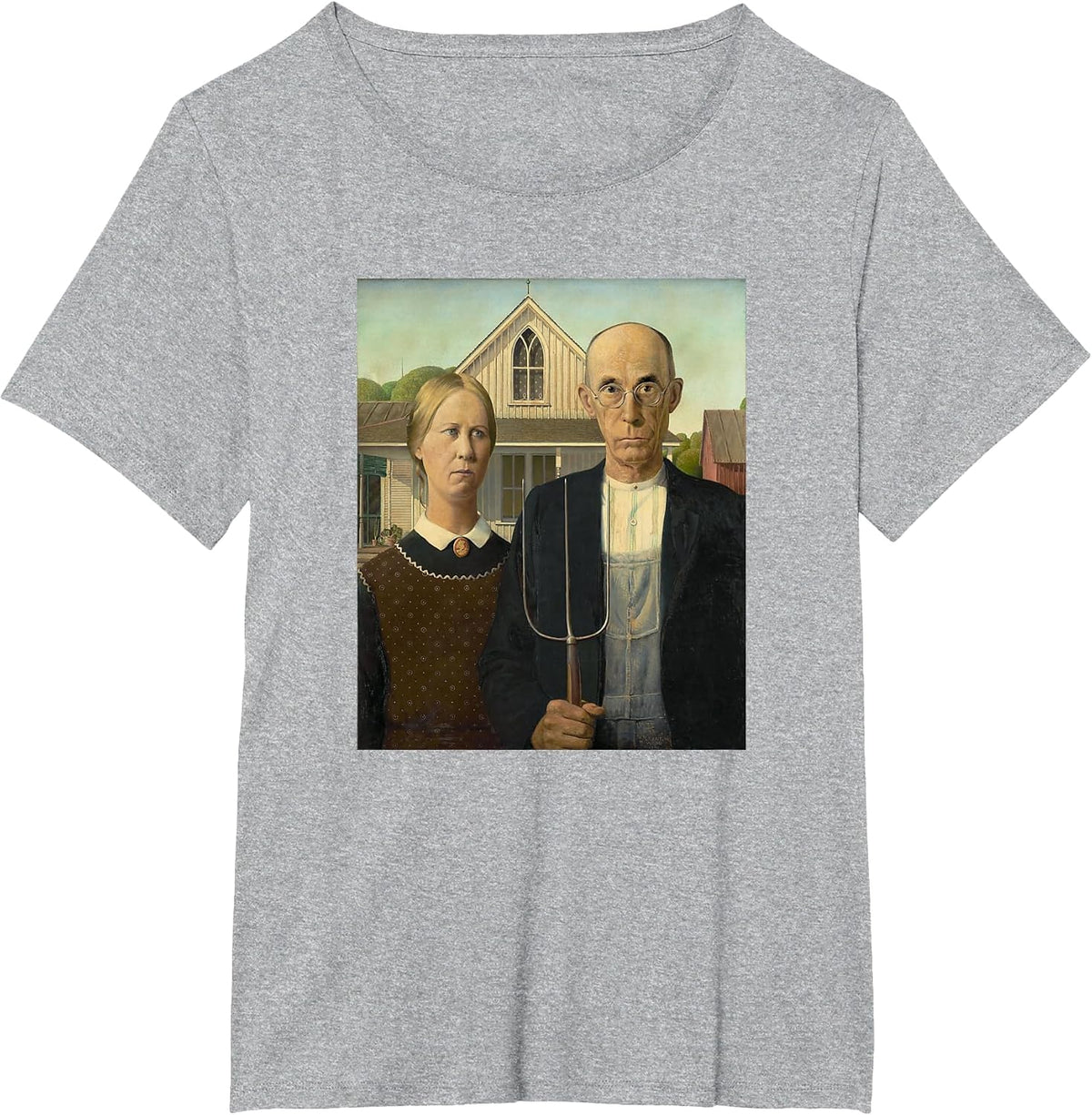 Grant Wood's American Gothic Fine Art Painting Farmers Farm T-Shirt - Heather Grey