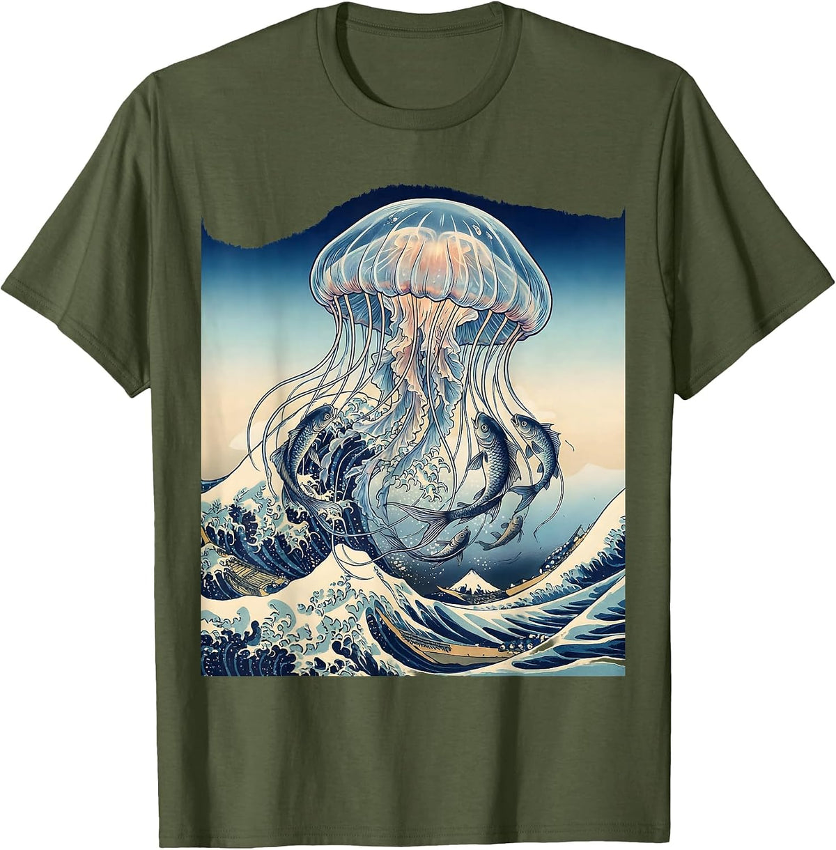 Jellyfish and Fish Ocean Tangle Graphic T-Shirt - Olive Green