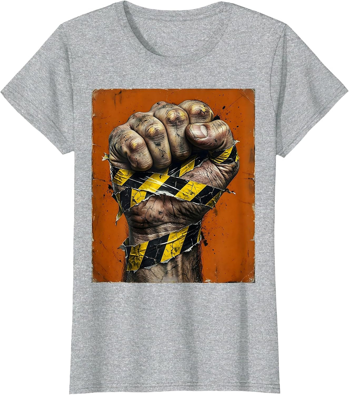 Black and Yellow Caution Fist Graphic Design T-Shirt - Heather Grey