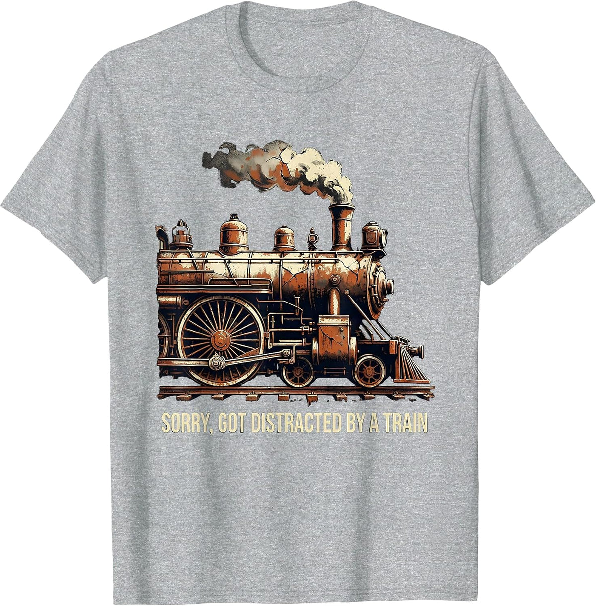 Men's Sorry Got Distracted By A Train Distressed Steam Locomotive T-Shirt - Heather Grey