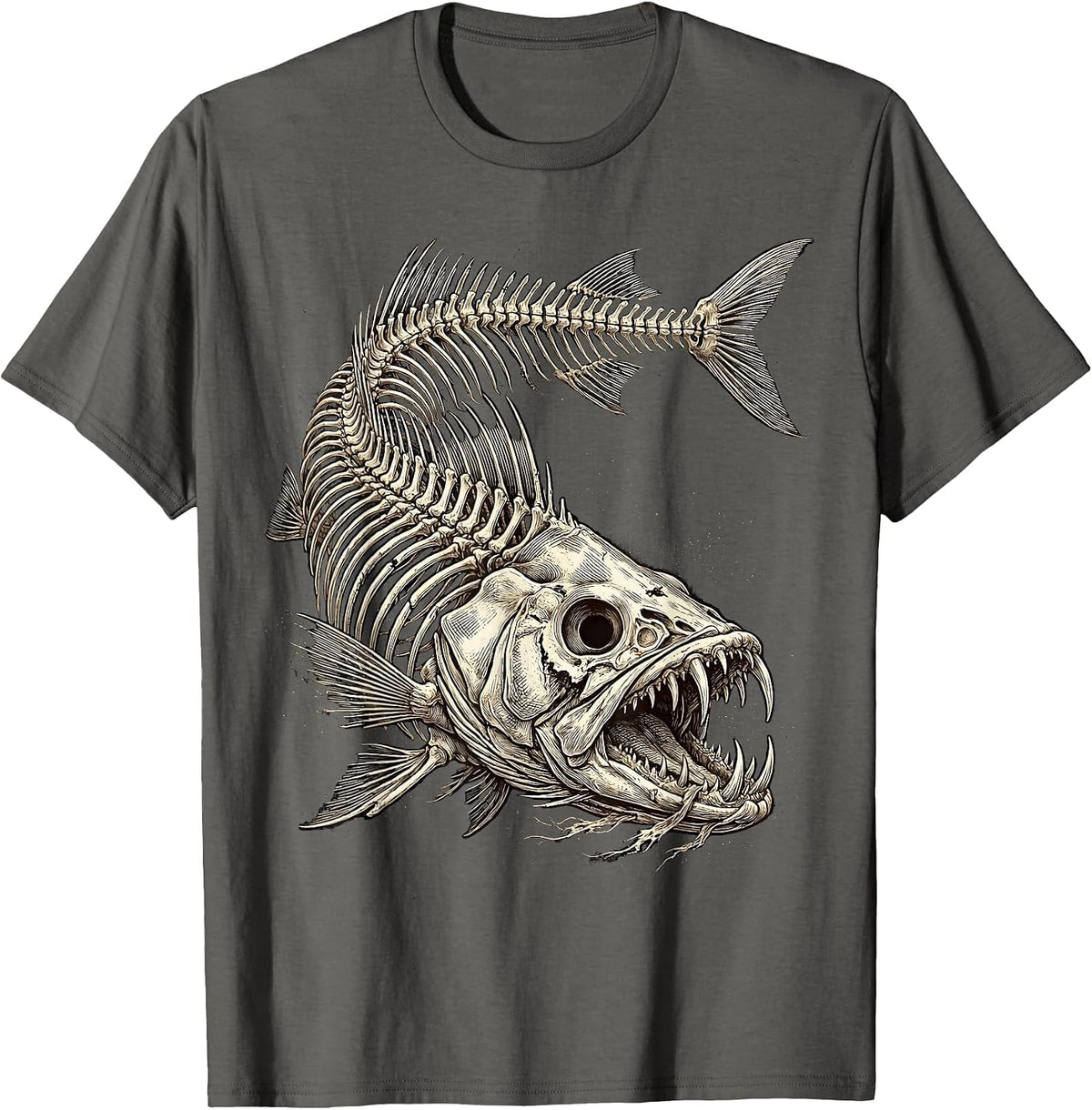 Skeletal Fish Horror Deep Abyss Graphic Design T-Shirt - Asphalt Grey