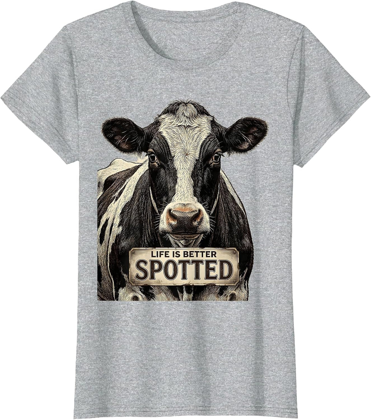 Life Is Better Spotted Cow Print Design T-Shirt - Heather Grey