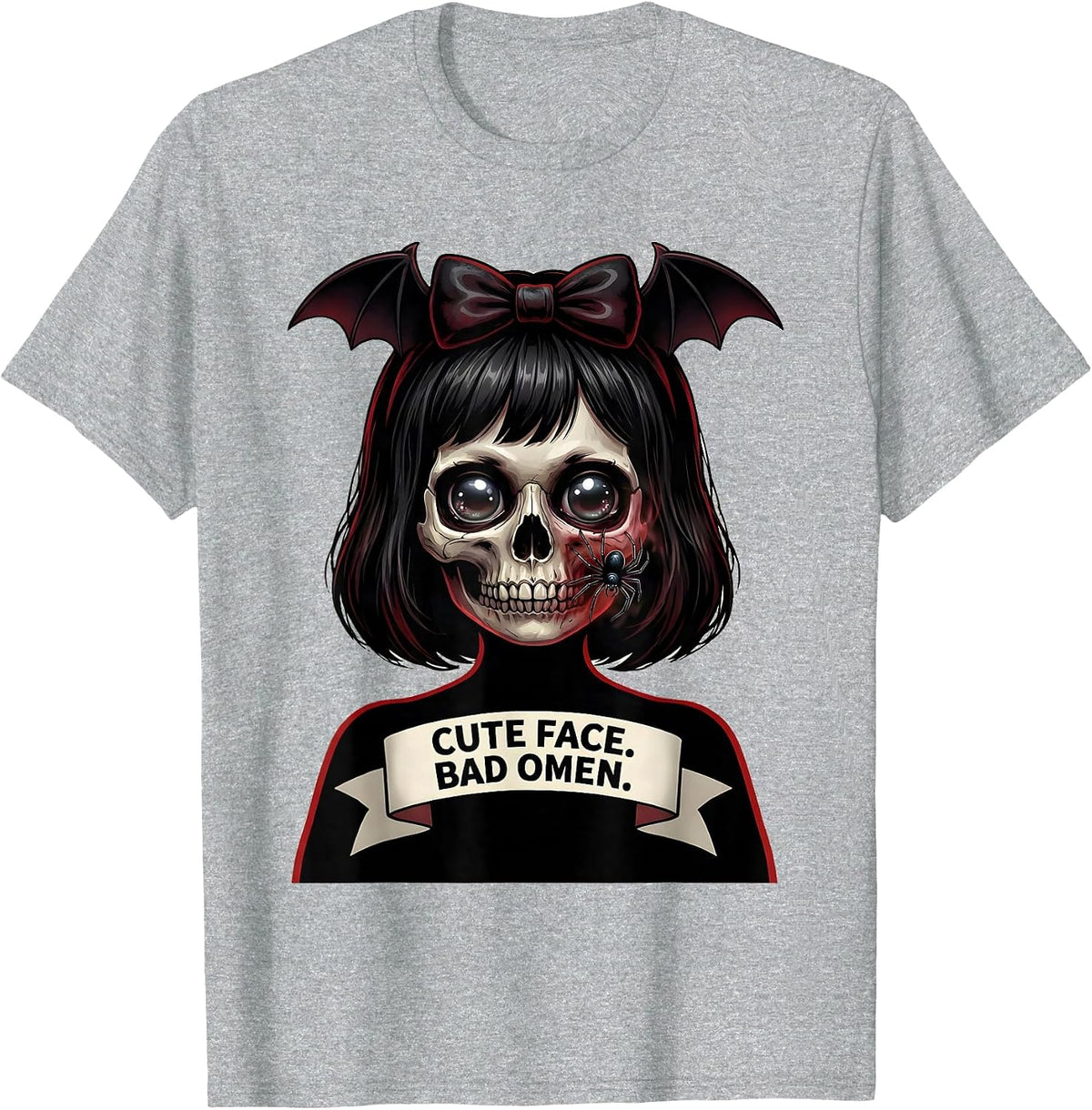 Men's Cute Face Bad Omen Horror Kawaii Anime Goth Girl Aesthetic T-Shirt - Heather Grey
