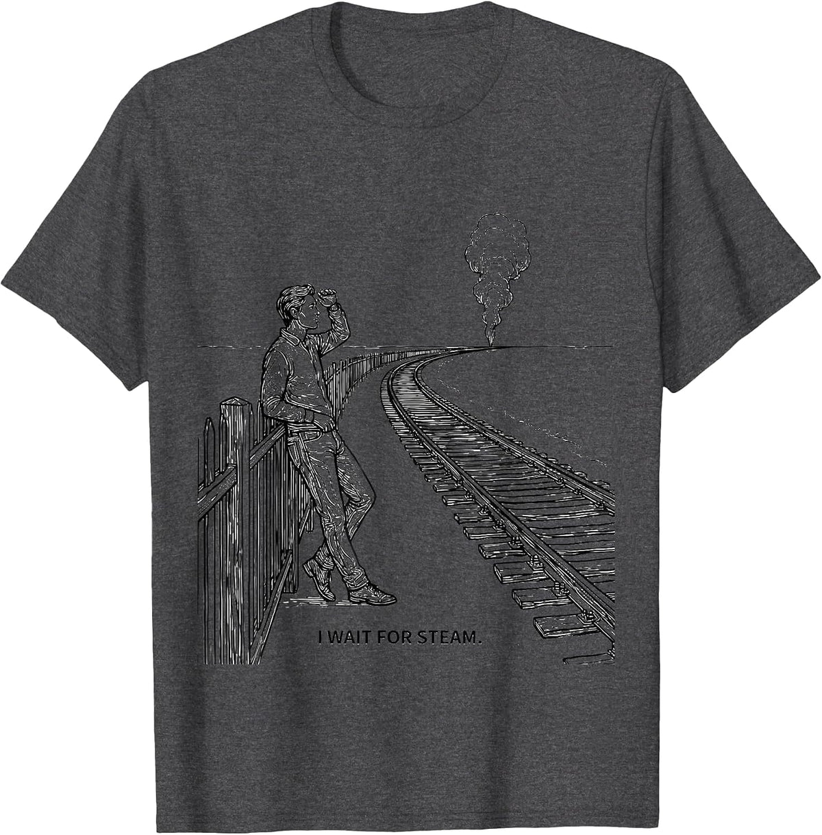 I Wait For Steam Patriotic Train Enthusiast Railroad T-Shirt - Dark Heather Grey
