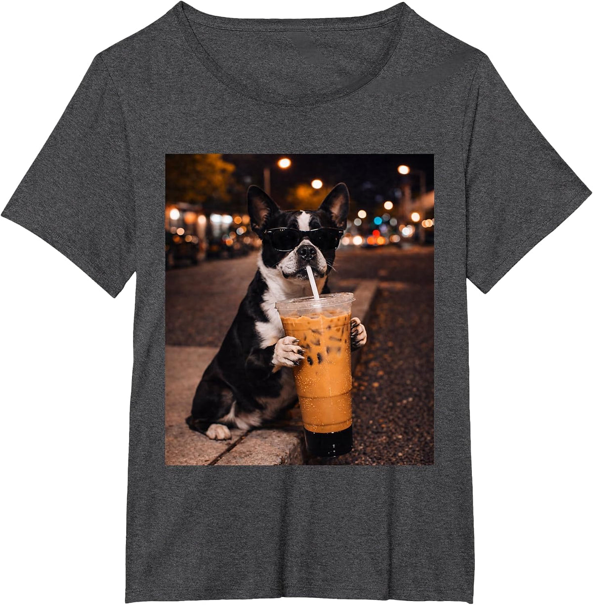Boston Terrier Dog Iced Coffee Lover Humor Funny T-Shirt - Dark Heather Grey