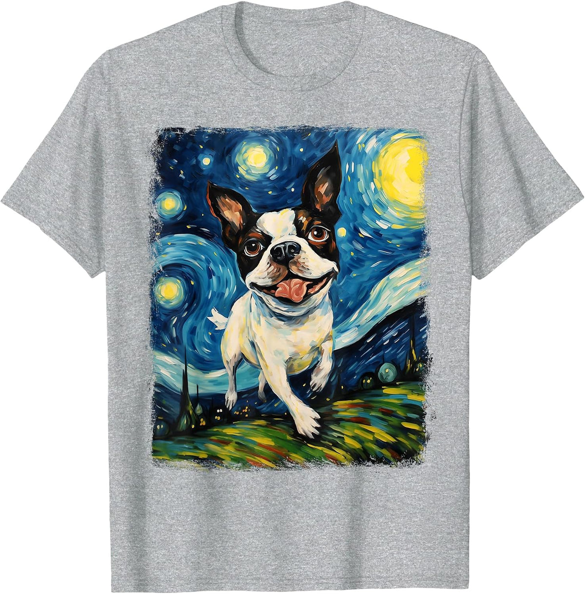 Boston Terrier Dog Starry Night Painting T-Shirt - Heather Grey