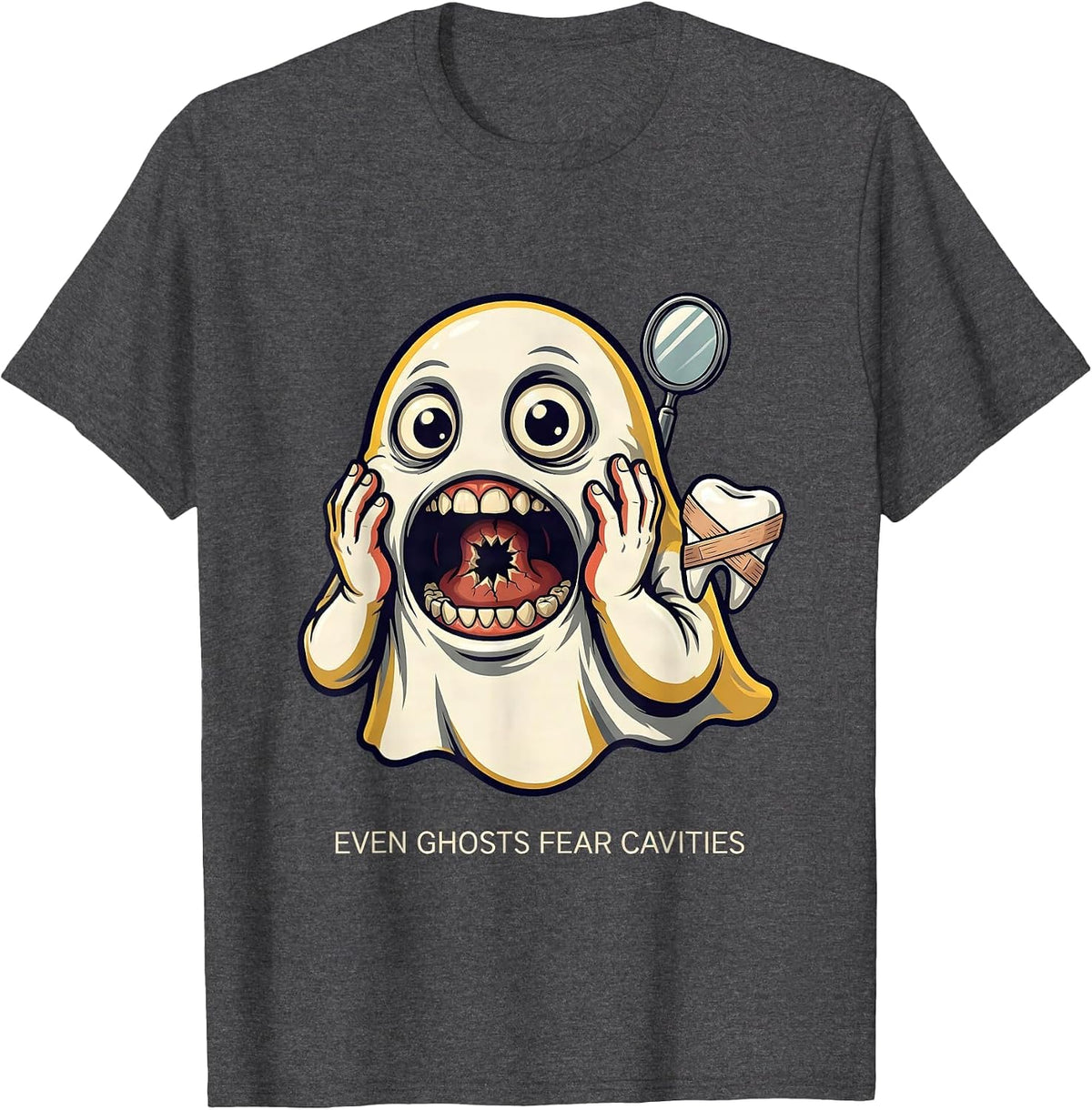 Halloween Dental Ghost Even Ghosts Fear Cavities T-Shirt - Dark Heather Grey