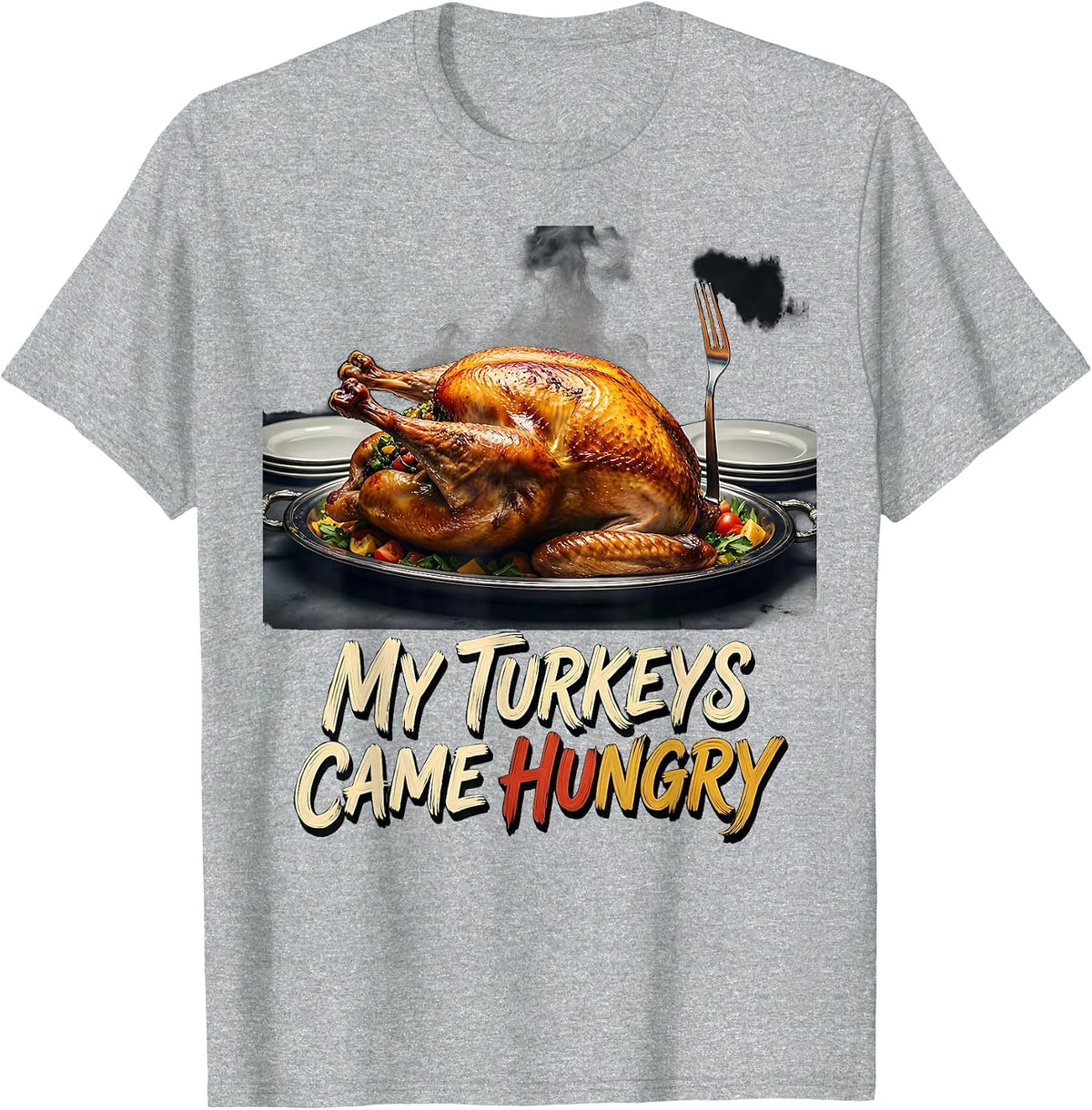 Men's My Turkeys Came Hungry Funny Thanksgiving Turkey Pun Family T-Shirt - Heather Grey