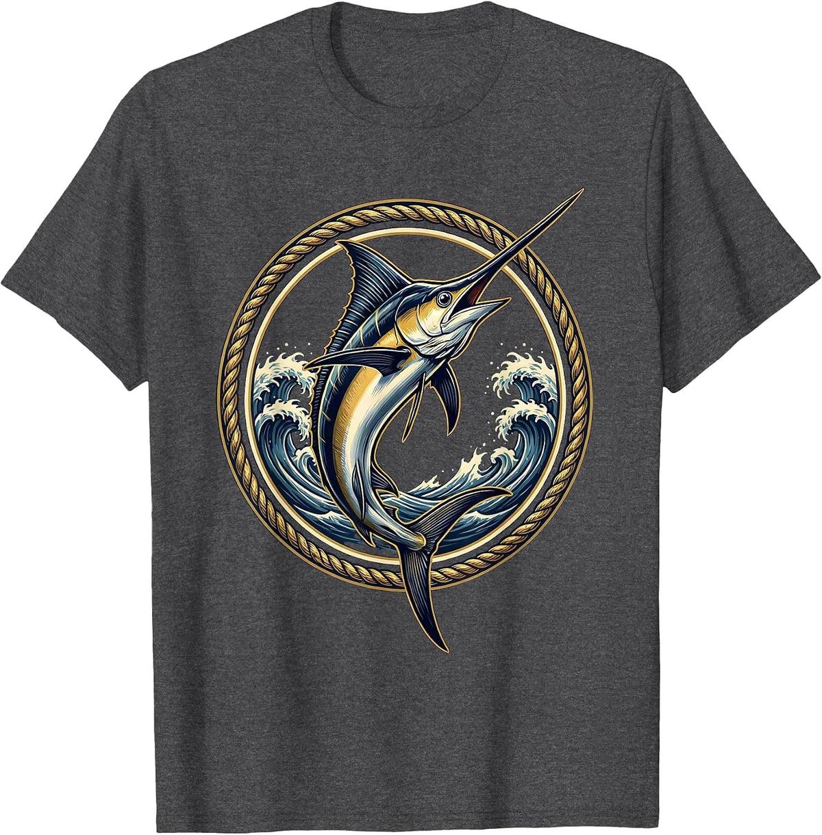 Men's Marlin Leaping Ocean Waves Hawaiian Design T-Shirt - Dark Heather Grey