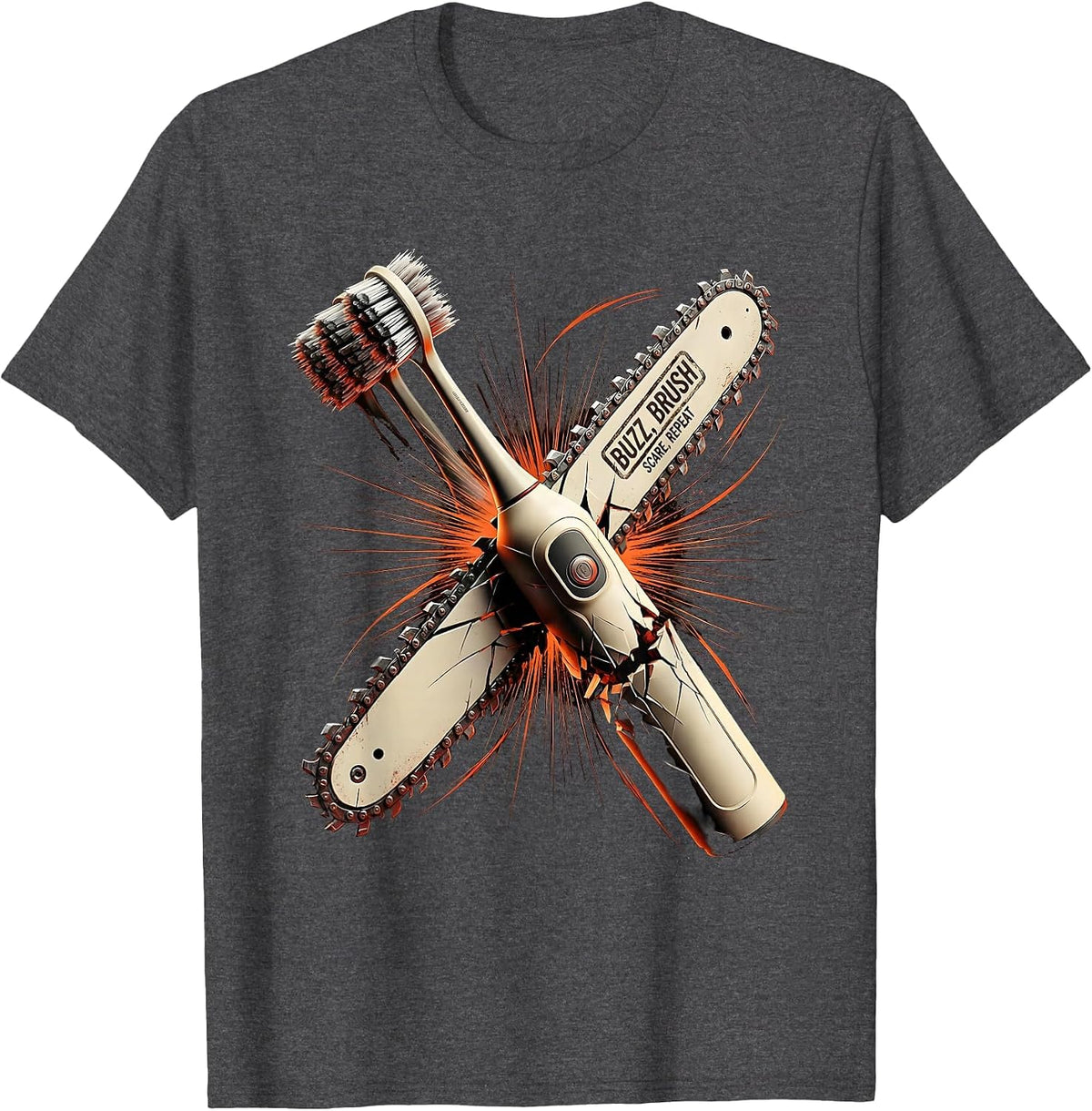 Halloween Dental Chainsaw Buzz Brush Scare Repeat T-Shirt - Dark Heather Grey