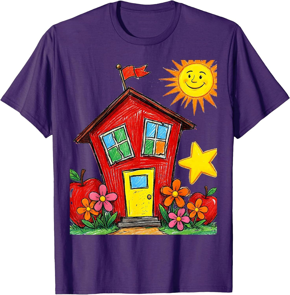 First Grade Teacher Schoolhouse Graphic T-Shirt - Purple