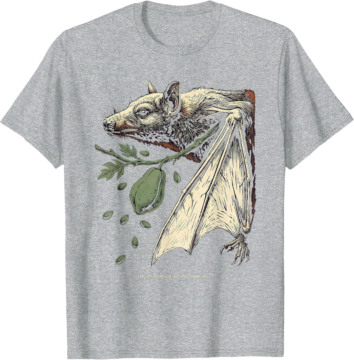 Men's Bats Disperse Papaya Seeds Linocut Bat Lover Halloween T-Shirt - Heather Grey