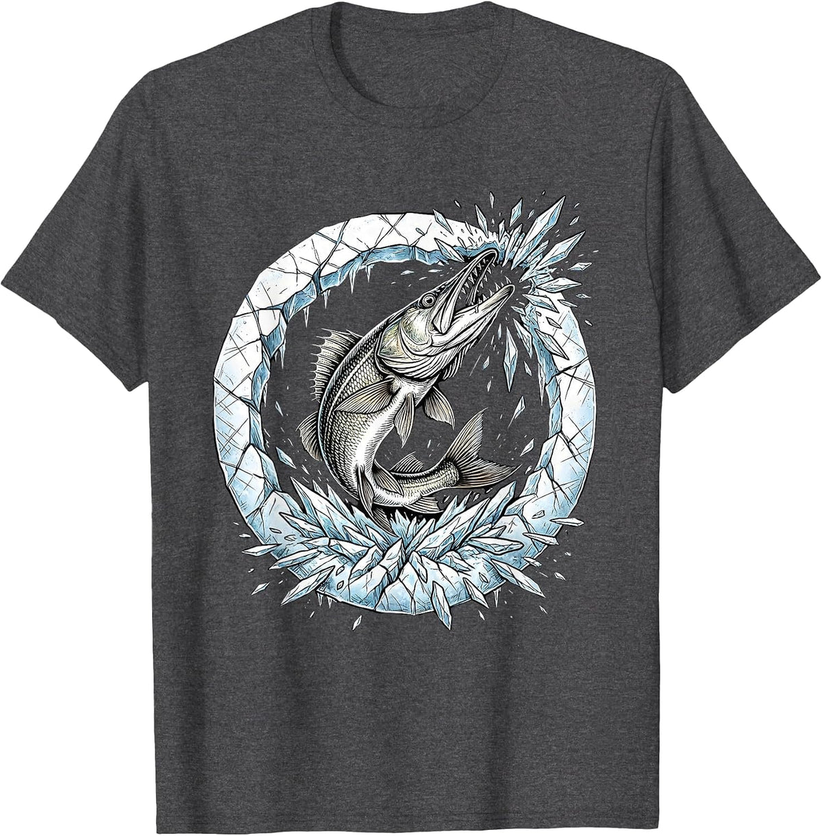 Pike Bursting Through Ice Hole Fishing Graphic T-Shirt - Dark Heather Grey