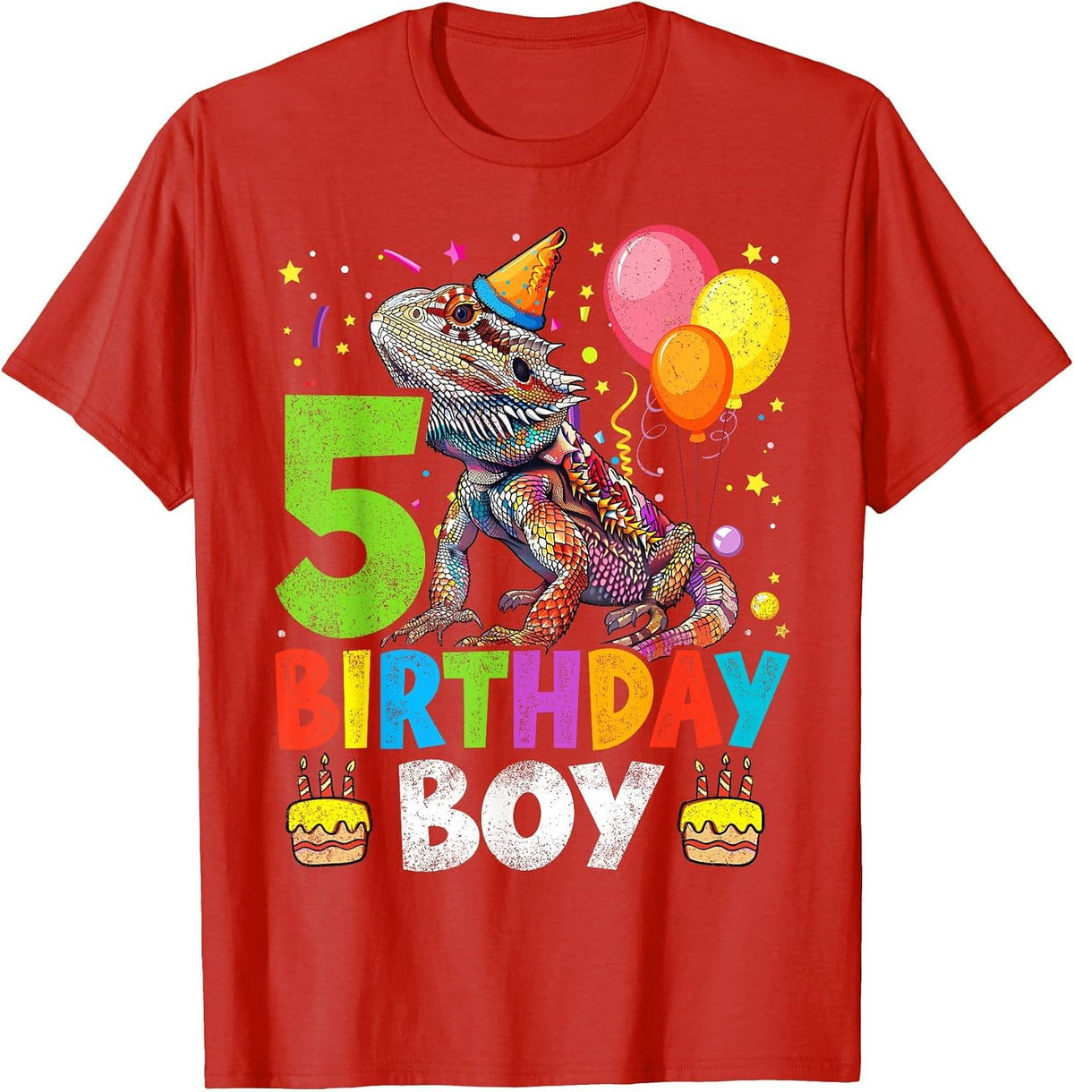 5th Birthday Boy Bearded Dragon 5 Years Old Bday Party T-Shirt - Red