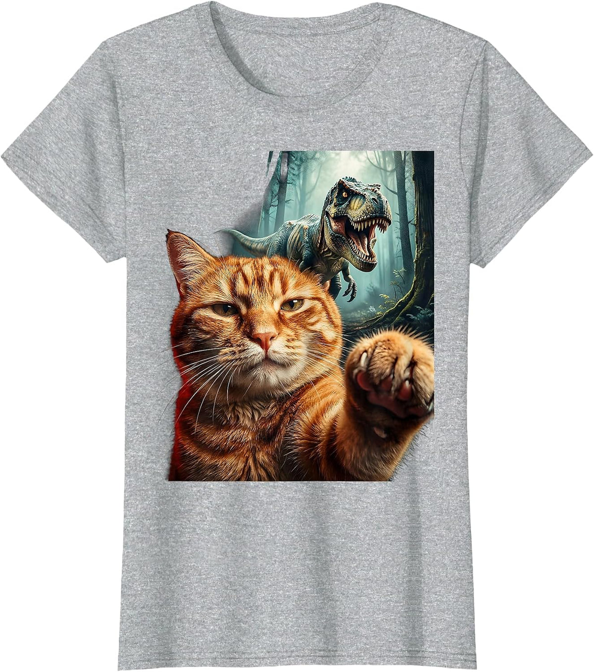 Oversized Cat Face T-Rex Pulp Cover Funny Meme T-Shirt - Heather Grey