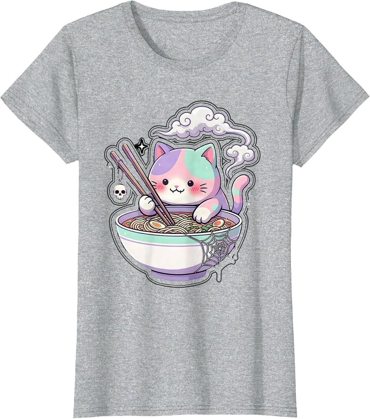 Cat Sipping Ramen Bowl With Chopsticks Graphic T-Shirt - Heather Grey