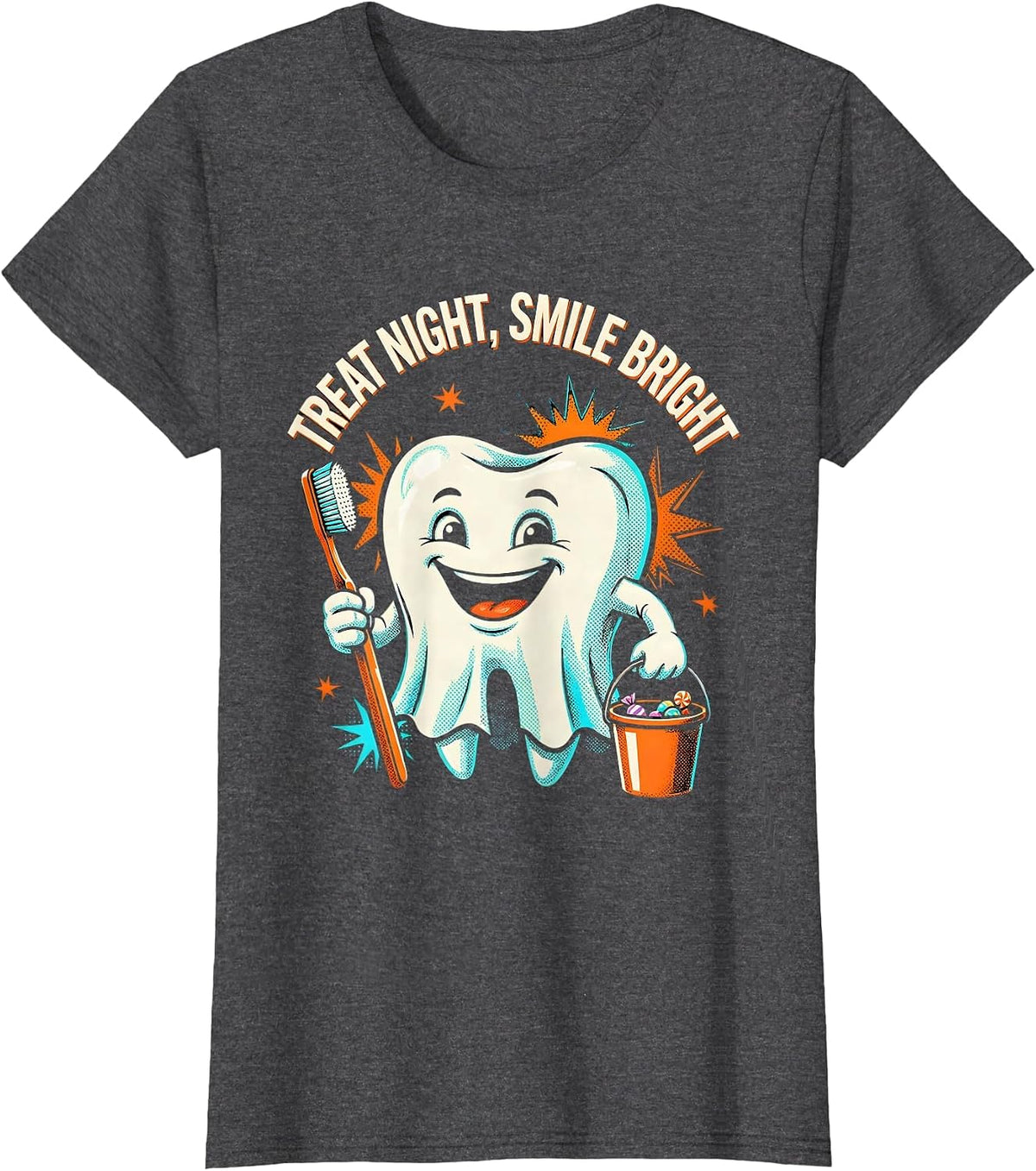 Women's Treat Night Smile Bright Pop Art Halloween Dentist Dental T-Shirt - Dark Heather Grey