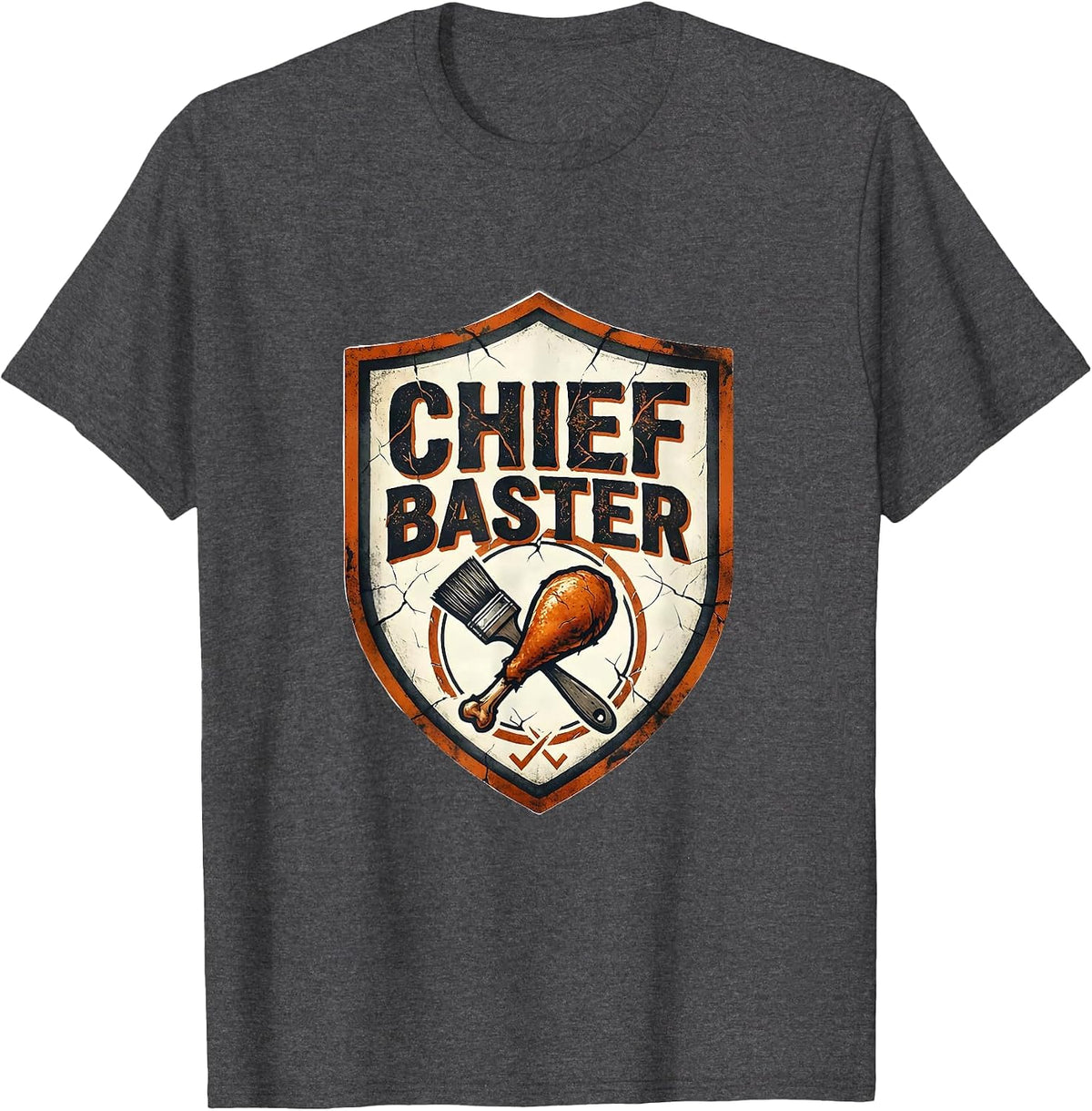 Men's Chief Baster Distressed Funny Thanksgiving Turkey Humor T-Shirt - Dark Heather Grey