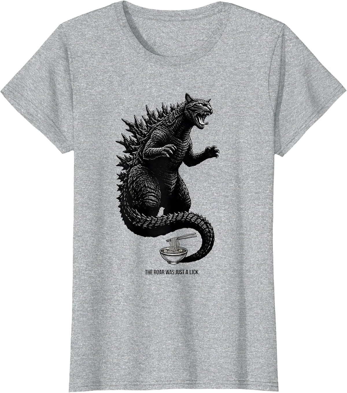 Women's The Roar Was Just A Lick Funny Cat Japanese Art Kaiju Ramen T-Shirt - Heather Grey