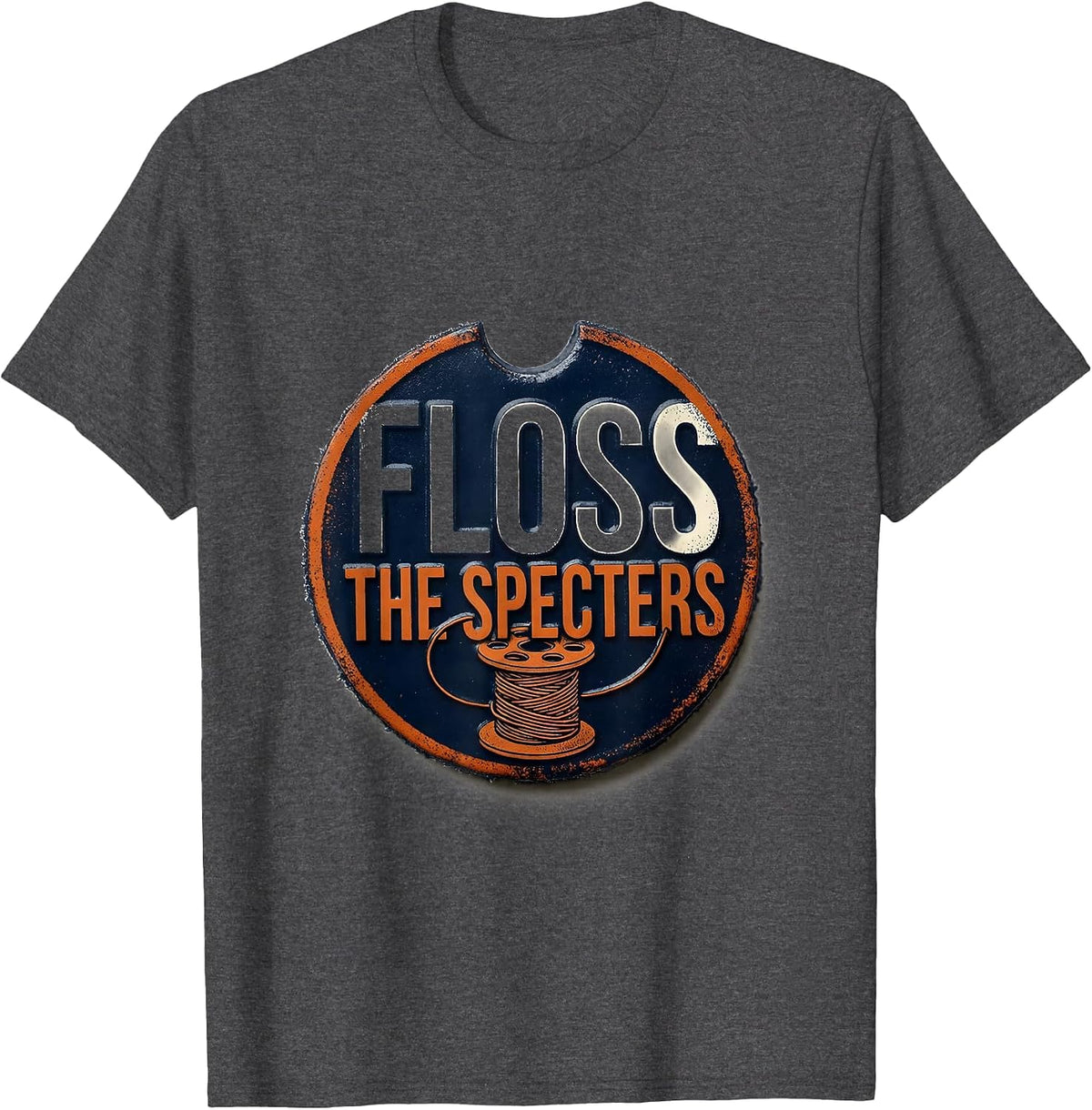 Men's Floss the Specters Rubber Stamp Halloween Dental Humor T-Shirt - Dark Heather Grey