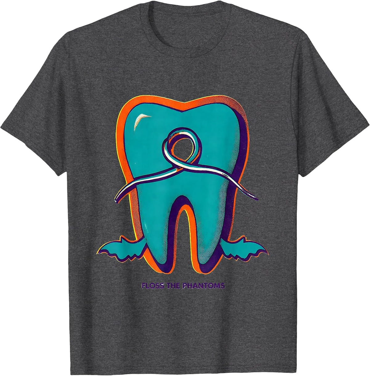 Men's Floss the Phantoms Risograph Halloween Dentist Dental T-Shirt - Dark Heather Grey