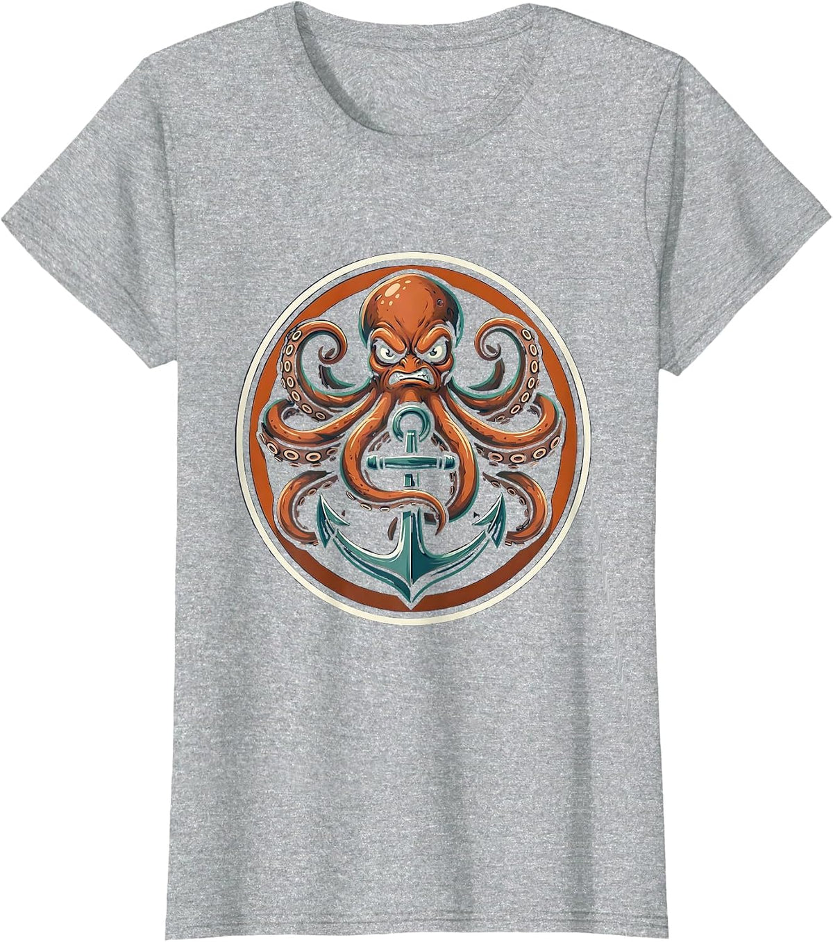 Octopus Tentacles Wrapped Around Anchor Design T-Shirt - Heather Grey