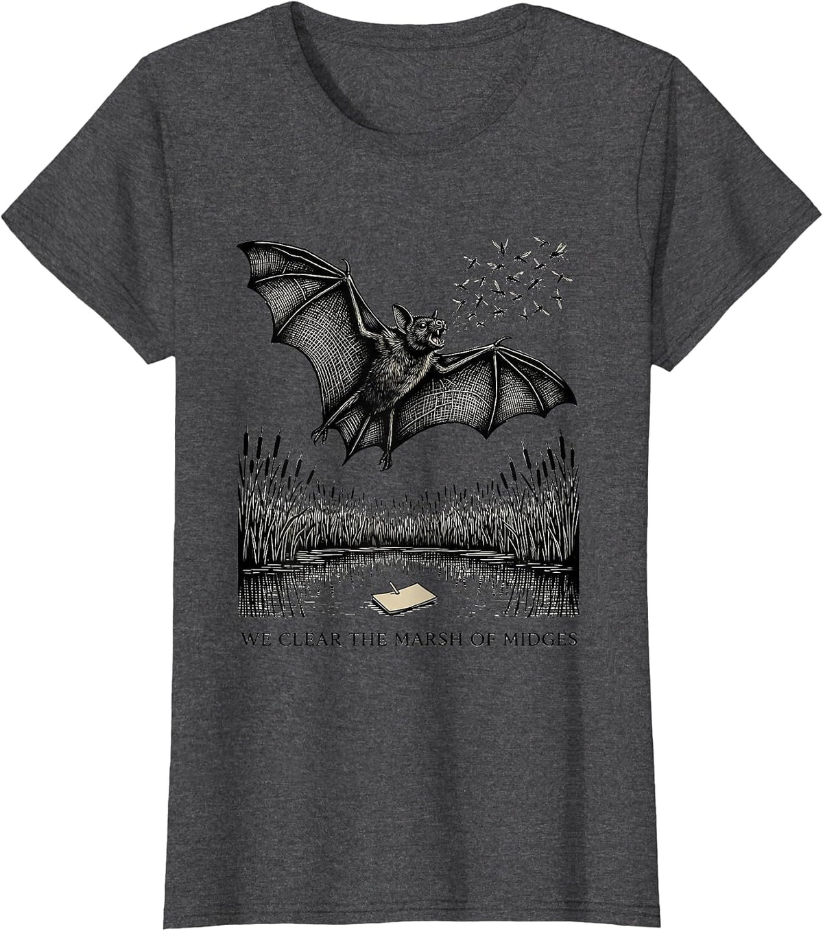 Women's We Clear The Marsh Of Midges Vintage Bat Lover Wildlife T-Shirt - Dark Heather Grey