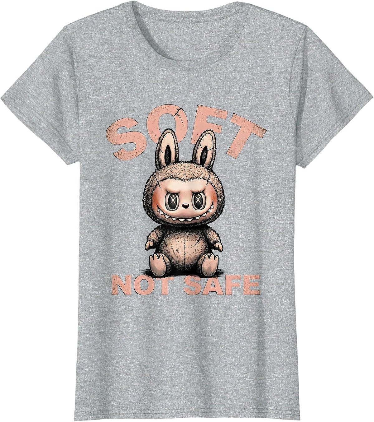 Soft, Not Safe Distressed Creepy Cute Goth Bunny Horror T-Shirt - Heather Grey