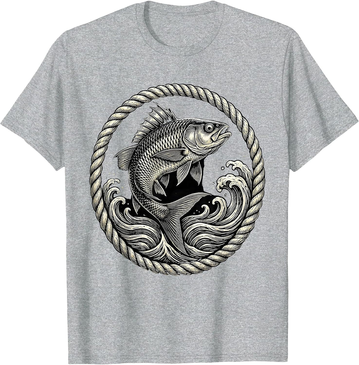 Men's Ichthus Fish Leaping Ocean Waves Christian Art T-Shirt - Heather Grey