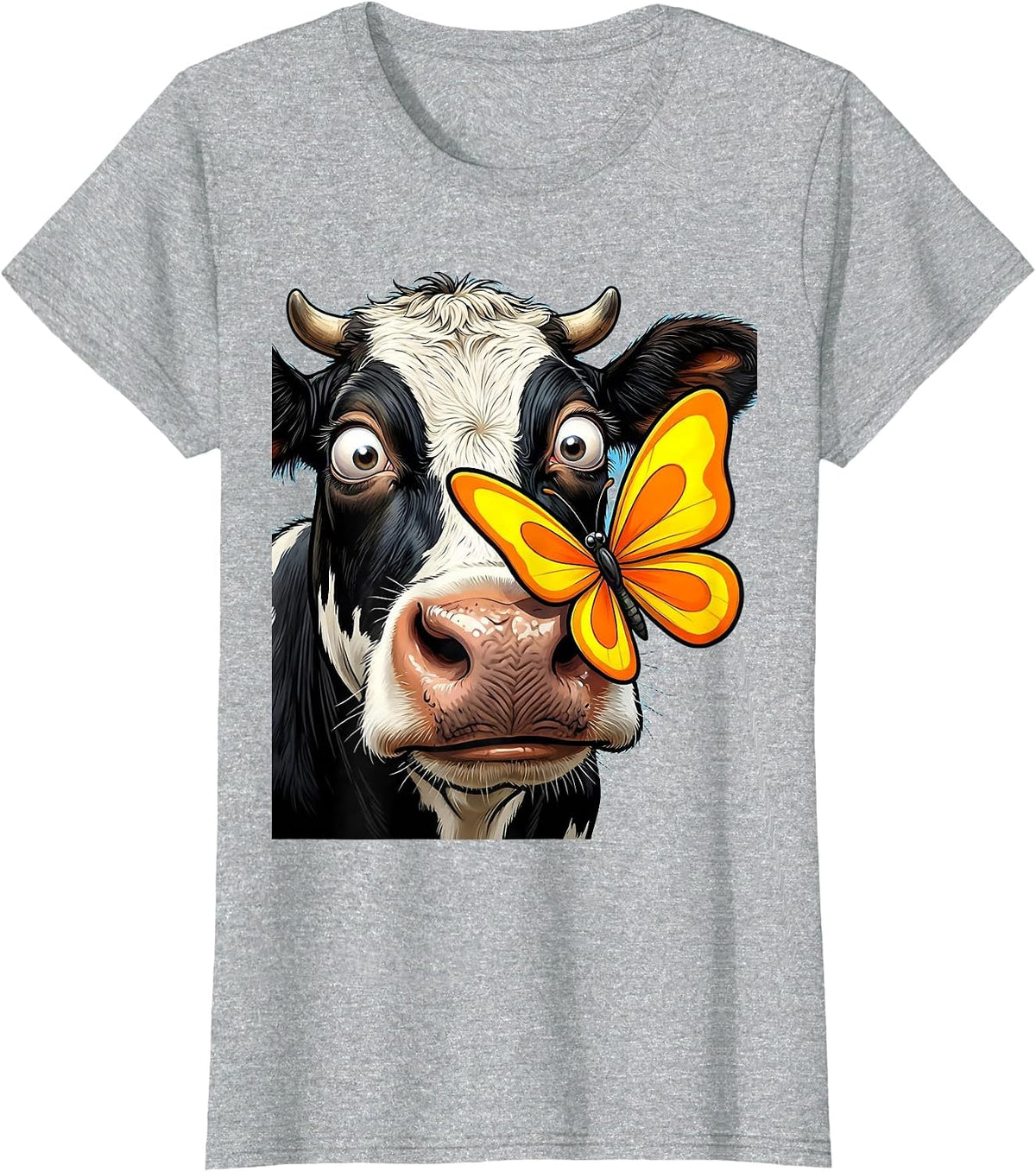 Women's Cow With Butterfly on Nose Cute Farm Animal Art T-Shirt - Heather Grey