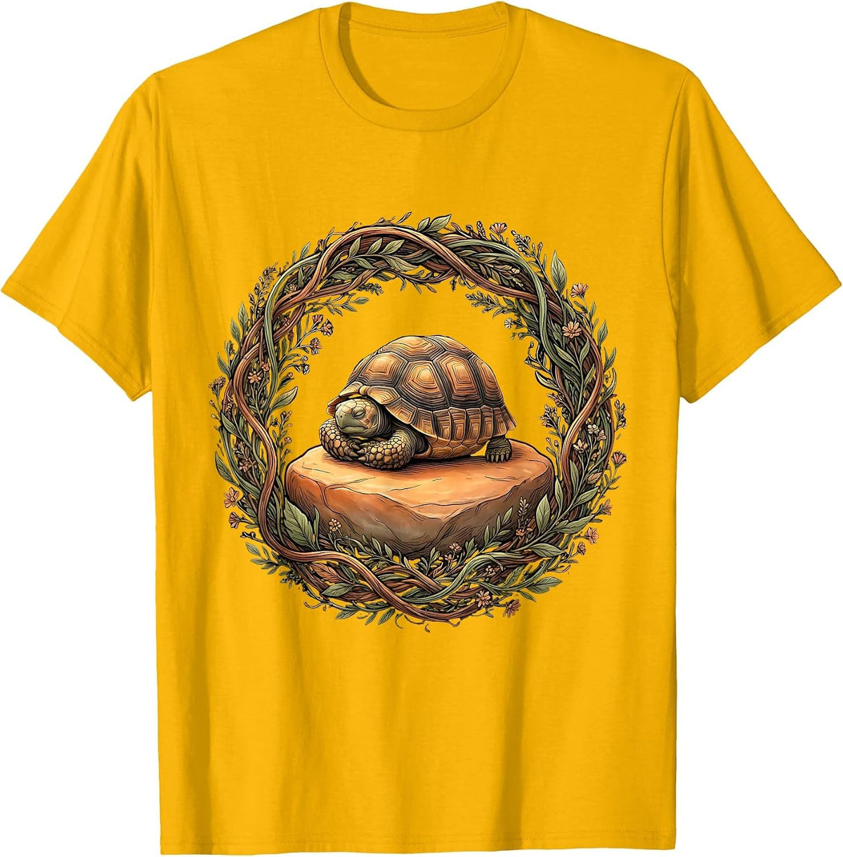 Tortoise Napping on Warm Rock Illustration T-Shirt - Golden Yellow
