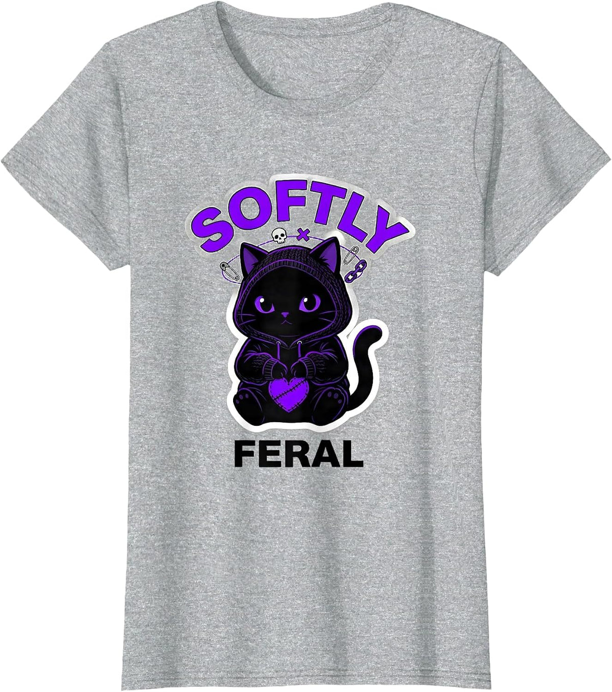 Softly Feral Chibi Cat Emo Goth Alt Aesthetic Punk T-Shirt - Heather Grey