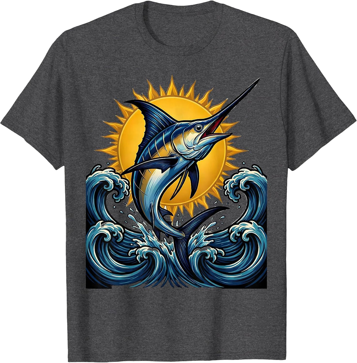 Caribbean Marlin Leaping at Sunset Illustration T-Shirt - Dark Heather Grey