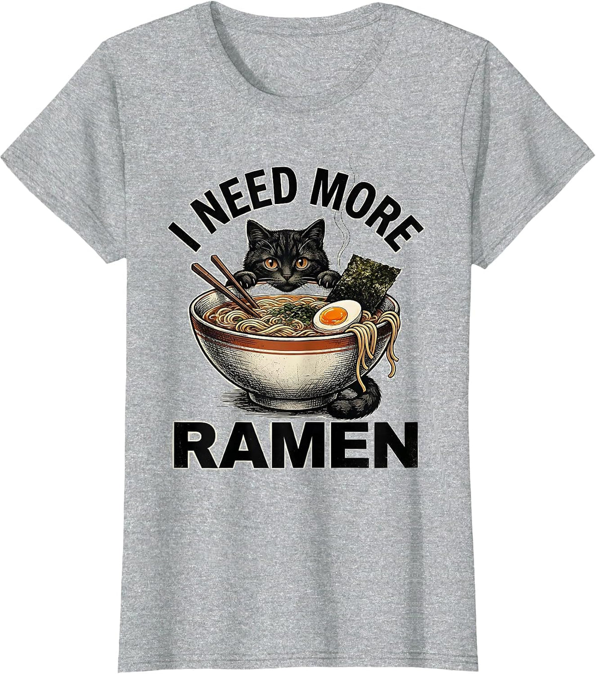 Women's I Need More Ramen Vintage Kawaii Cat Anime Ramen Cat Lover T-Shirt - Heather Grey