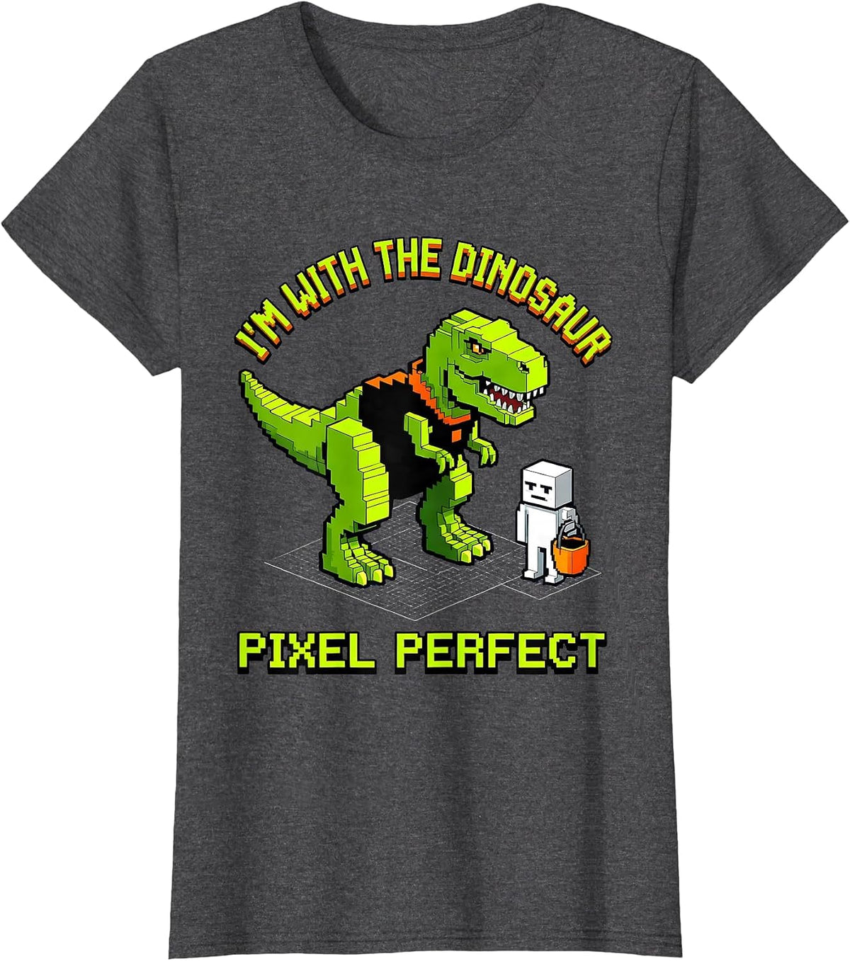 Women's I'm With The Dinosaur Pixel Perfect Funny Halloween Costume T-Shirt - Dark Heather Grey