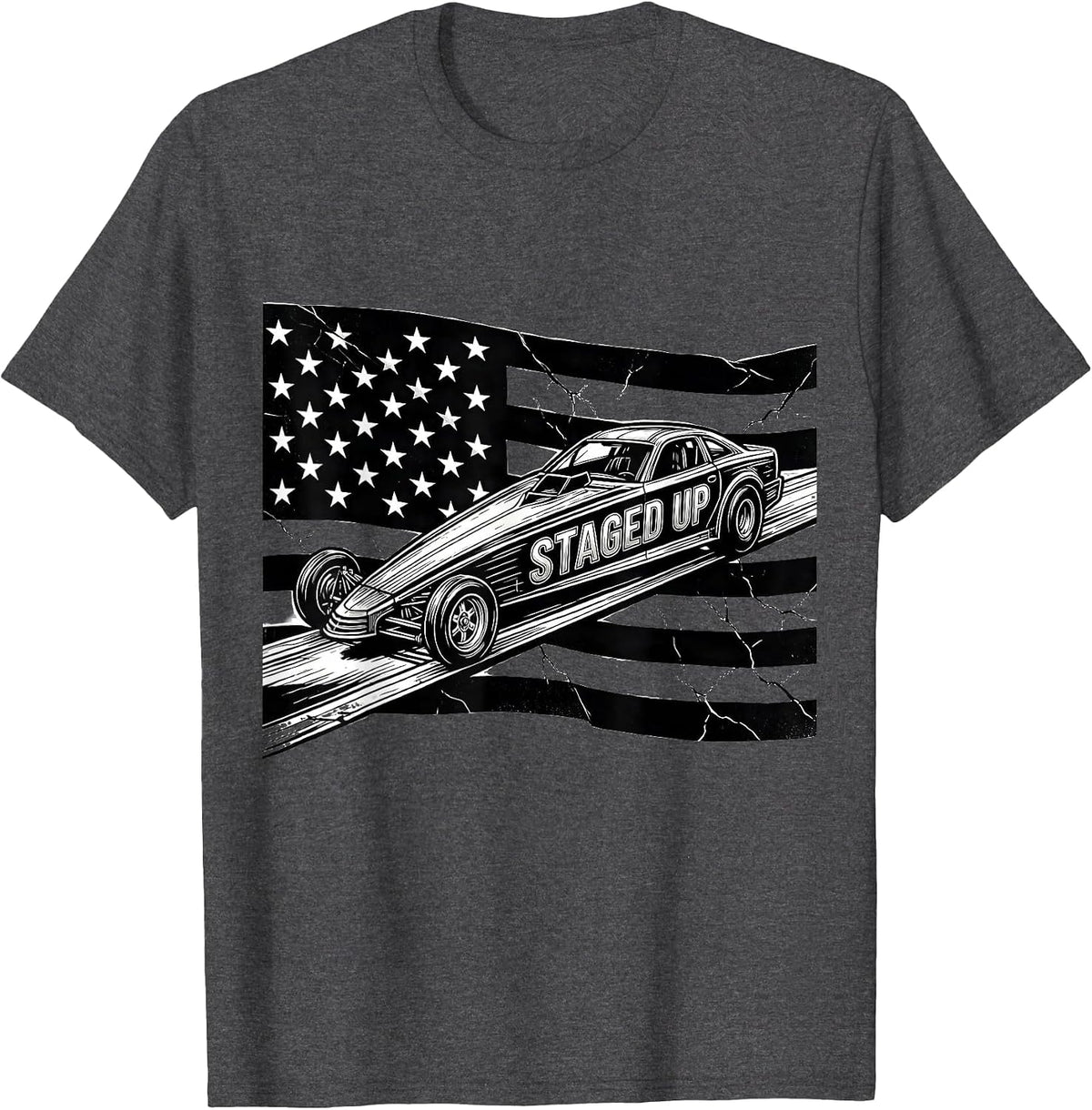 Men's Staged Up Line Art RC Dragster American Flag Racing Hobbyist T-Shirt - Dark Heather Grey