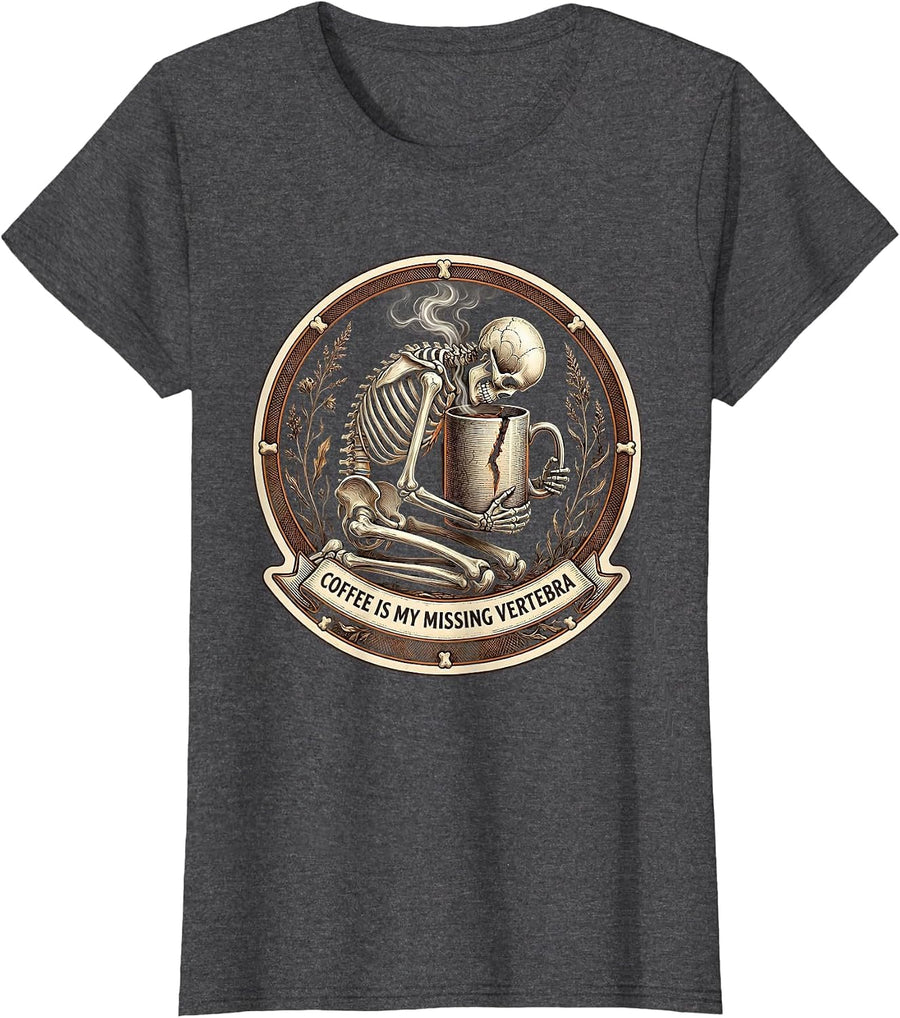 Women's Coffee Is My Missing Vertebra Whimsical Dry Humor Halloween T-Shirt - Dark Heather Grey