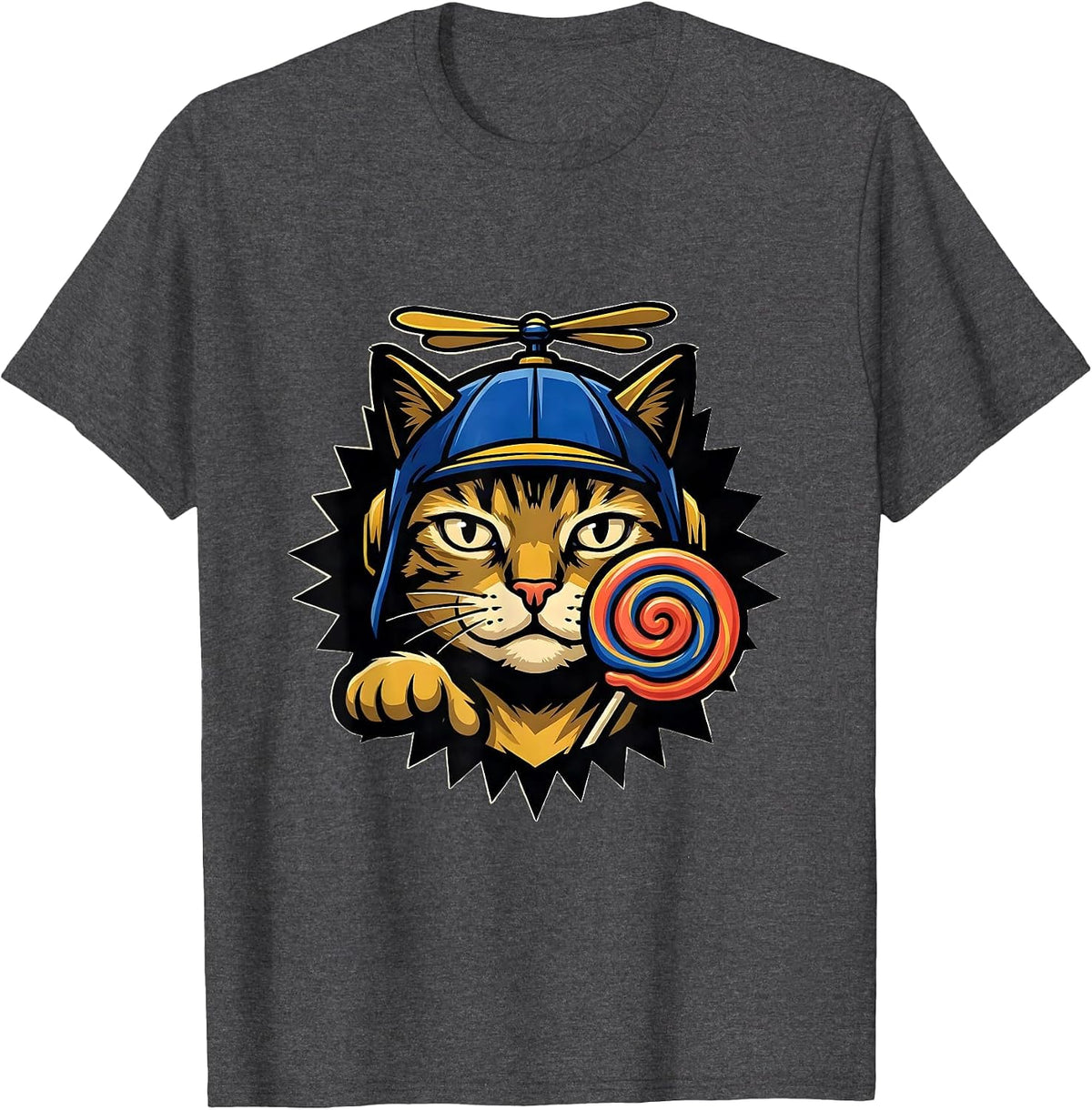Men's Lollipop Cat Meme Greetings Huzz Funny Silly Cats Humor T-Shirt - Dark Heather Grey