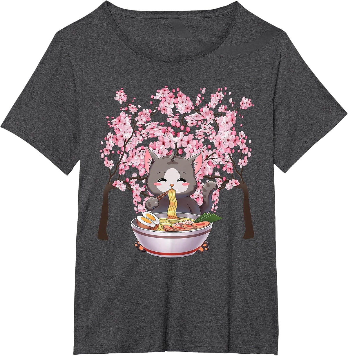 Japanese Blossom Cherry Ramen Easter Cat Kawaii Anime T-Shirt - Dark Heather Grey