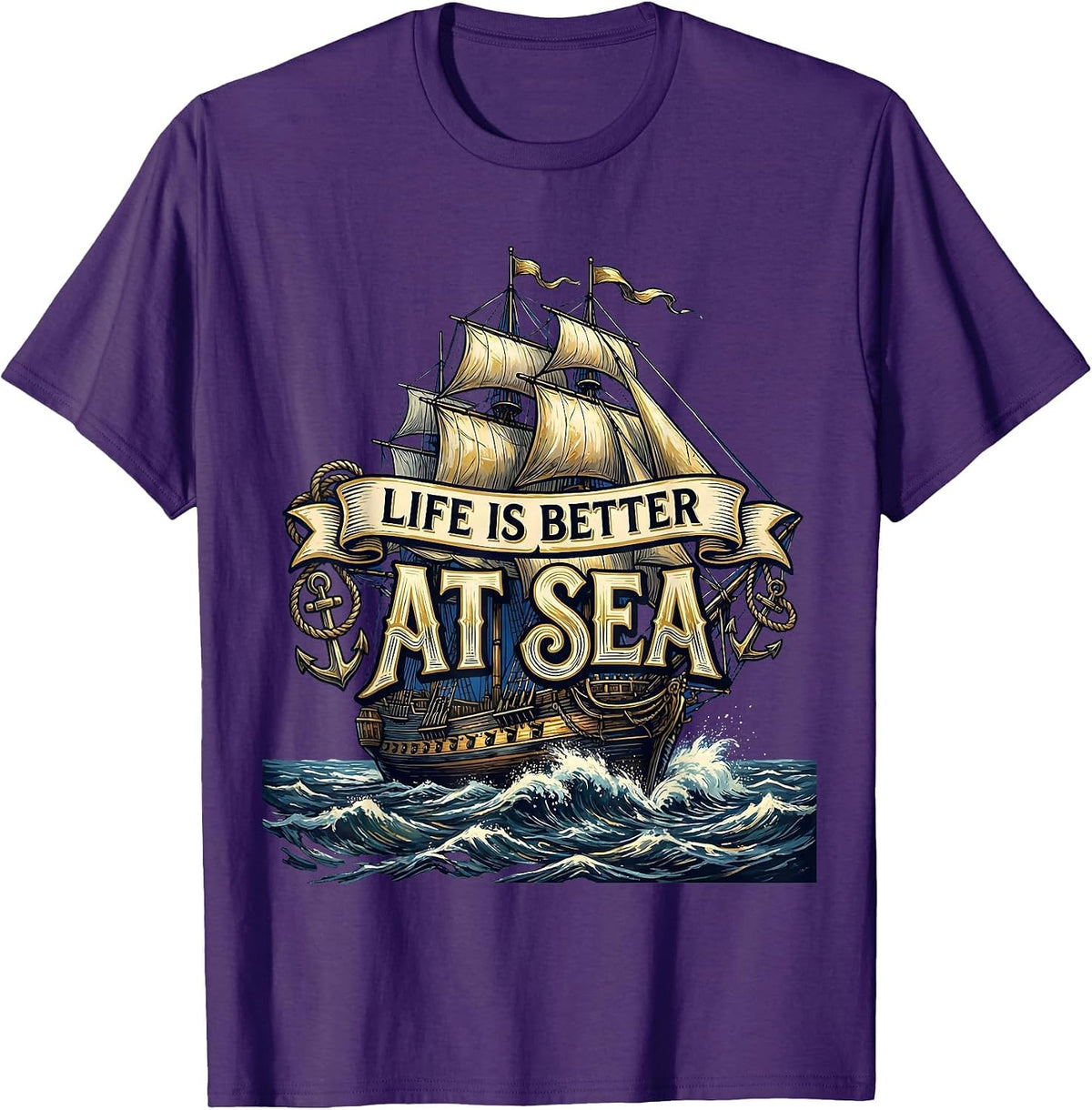 Men's Life Is Better At Sea Navy Ocean Design T-Shirt - Purple