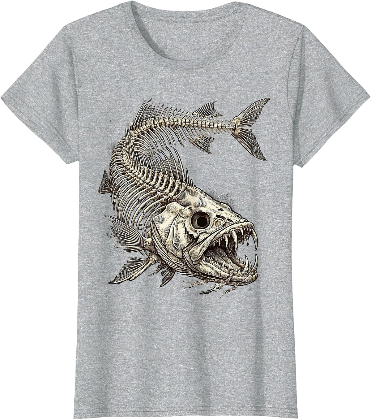 Skeletal Fish Horror Deep Abyss Graphic Design T-Shirt - Heather Grey