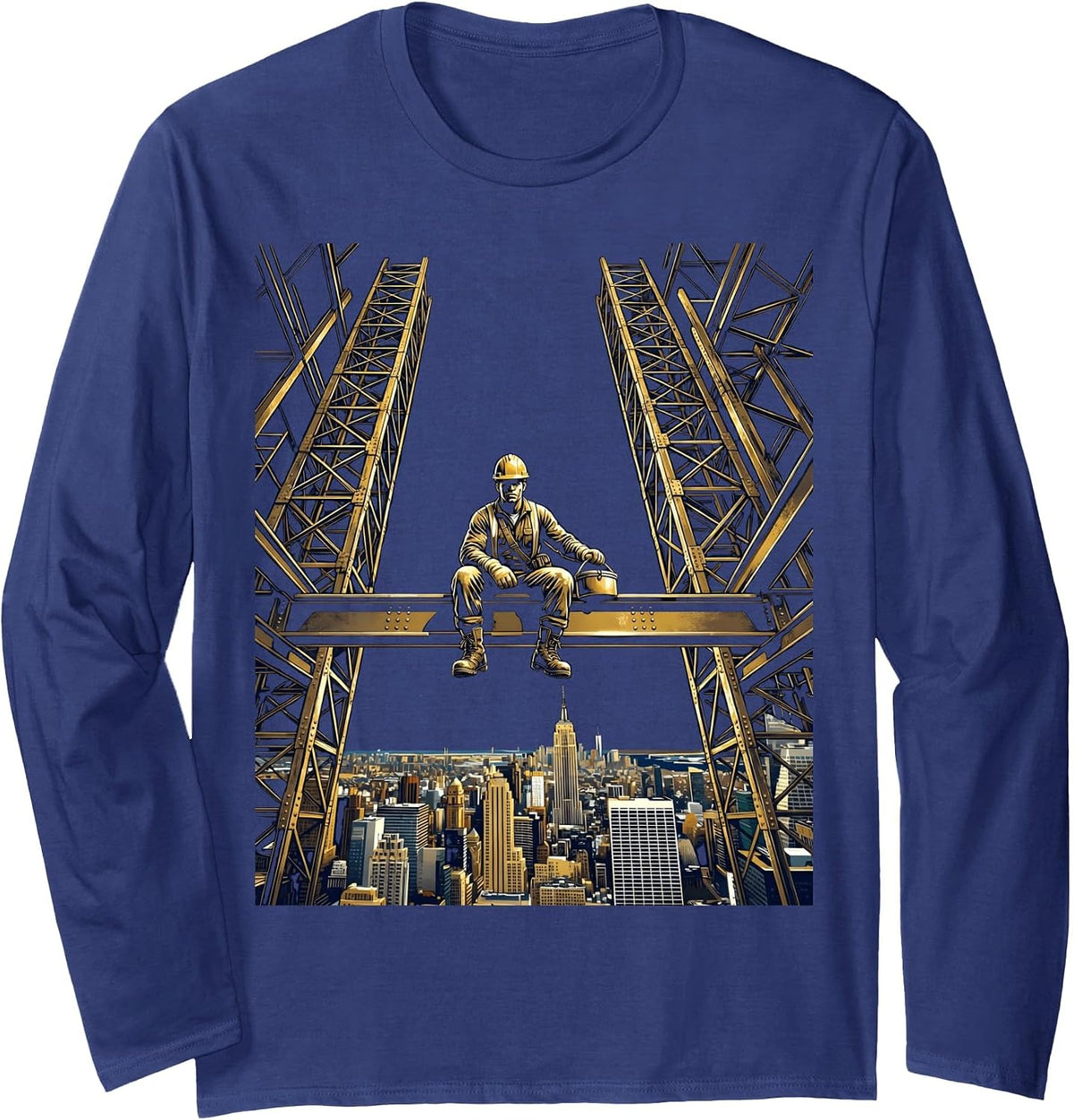Iron Worker Skyscraper Steel Beam Silhouette Long Sleeve T-Shirt - Adult Unisex Navy Blue