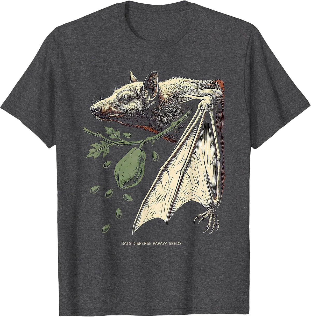 Men's Bats Disperse Papaya Seeds Linocut Bat Lover Halloween T-Shirt - Dark Heather Grey