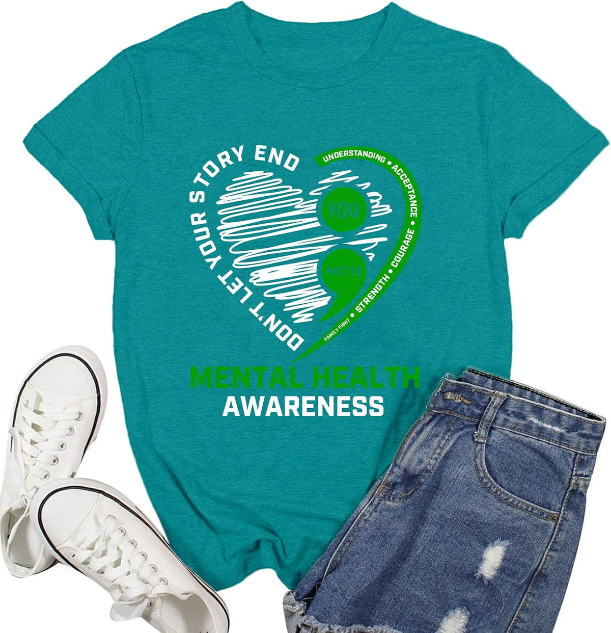 Women Mental Health Awareness Shirt Green Ribbon T-Shirt Inspirational Psychologist Therapist Tee Top - Cyan
